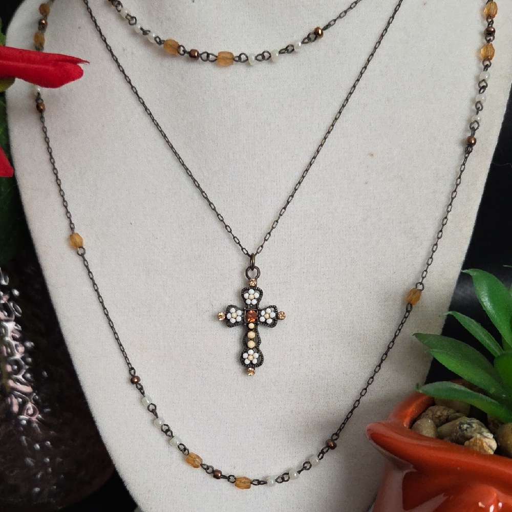 New York And Company 3 Chain Cross Pendant Necklace with Gold Accents
